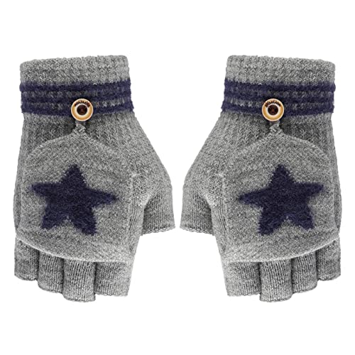 Fäustlinge mit Knopf Klappe Fingerlose Halb Handschuhe für Kinder Winter Warm Strickhandschuhe Fingerhandschuh Winterhandschuhe 4-10 Jahre alt Jungen Mädchen (Grau-Star) von FakeFace