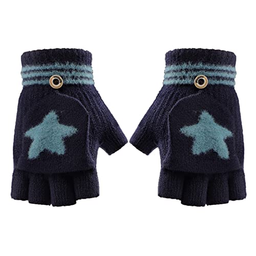 Fäustlinge mit Knopf Klappe Fingerlose Halb Handschuhe für Kinder Winter Warm Strickhandschuhe Fingerhandschuh Winterhandschuhe 4-10 Jahre alt Jungen Mädchen (Navyblau-Star) von FakeFace