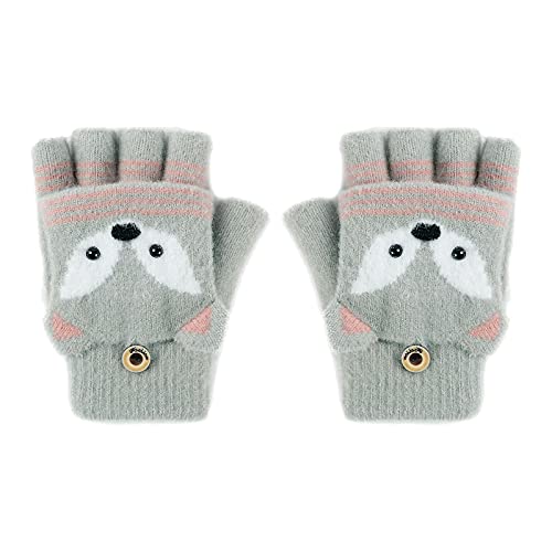 Fäustlinge mit Knopf Klappe Fingerlose Handschuhe für Kinder Kleinkinder Winter Warm Strickhandschuhe Plüschfutter Winterhandschuhe Herbst und Winter Fingerhandschuh Unisex (Fuchs-Grün) von FakeFace