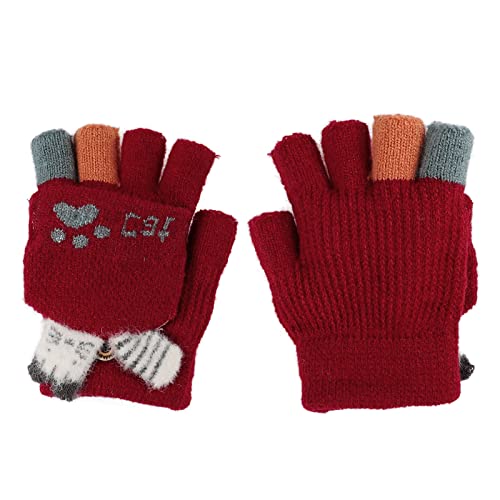 Fäustlinge mit Knopf Klappe Fingerlose Handschuhe für Kinder Kleinkinder Winter Warm Strickhandschuhe Plüschfutter Winterhandschuhe Herbst und Winter Fingerhandschuh Unisex (Katze-Rot) von FakeFace