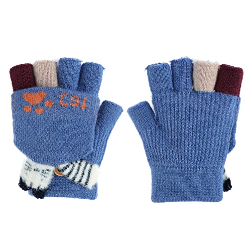 Fäustlinge mit Knopf Klappe Fingerlose Handschuhe für Kinder Kleinkinder Winter Warm Strickhandschuhe Plüschfutter Winterhandschuhe Herbst und Winter Fingerhandschuh Unisex (Katze-blau) von FakeFace