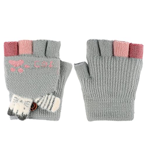 Fäustlinge mit Knopf Klappe Fingerlose Handschuhe für Kinder Kleinkinder Winter Warm Strickhandschuhe Plüschfutter Winterhandschuhe Herbst und Winter Fingerhandschuh Unisex (Katze-grau) von FakeFace