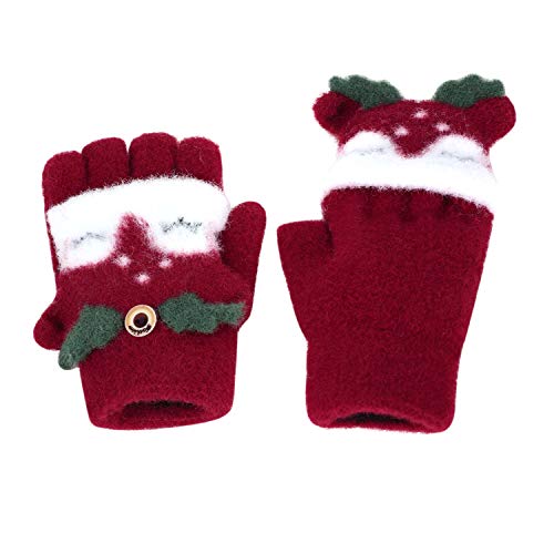 Fäustlinge mit Knopf Klappe Fingerlose Handschuhe für Kinder Winter Warm Strickhandschuhe Plüschfutter Winterhandschuhe Jungen Mädchen (Eule-Rot) von FakeFace