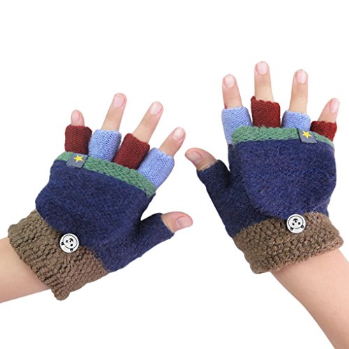 Fäustlinge mit Knopf Klappe Fingerlose Handschuhe für Kinder Winter Warm Strickhandschuhe Winterhandschuhe in Affe Optik, Blau, Einheitsgröße von FakeFace