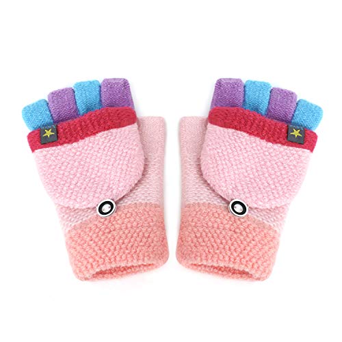 Fäustlinge mit Knopf Klappe Fingerlose Halb Handschuhe für Kinder Winter Warm Strickhandschuhe Fingerhandschuh Winterhandschuhe 3-9 Jahre alt Jungen Mädchen von FakeFace