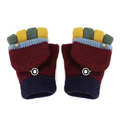 Fäustlinge mit Knopf Klappe Fingerlose Halb Handschuhe für Kinder Winter Warm Strickhandschuhe Fingerhandschuh Winterhandschuhe 2-6 Jahre alt Jungen Mädchen von FakeFace