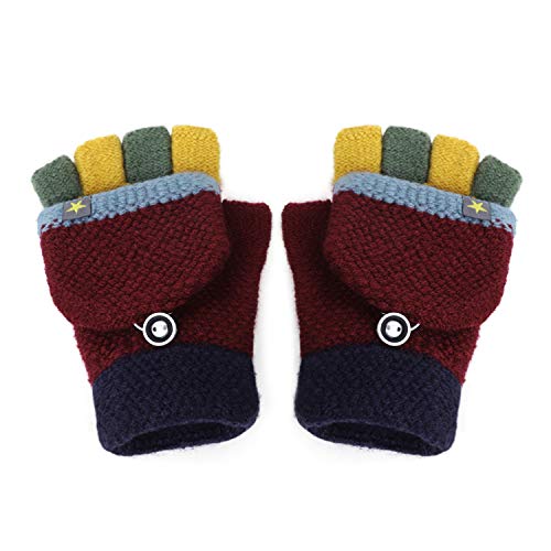 Fäustlinge mit Knopf Klappe Fingerlose Halb Handschuhe für Kinder Winter Warm Strickhandschuhe Fingerhandschuh Winterhandschuhe 3-9 Jahre alt Jungen Mädchen von FakeFace