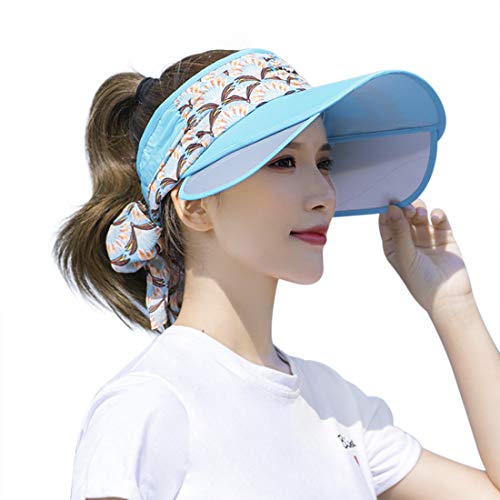 FakeFace Breite Krempe Strohhut Damen Sonnenhut Visor Sommer Strand-Kappe Bowknot Schirmmütze Tennis Cap Faltbar Sommerhut Sonnenschild Schirmkappe Damenhut Baseball Kappe Anti-UV-Hut (C-hellblau) von FakeFace