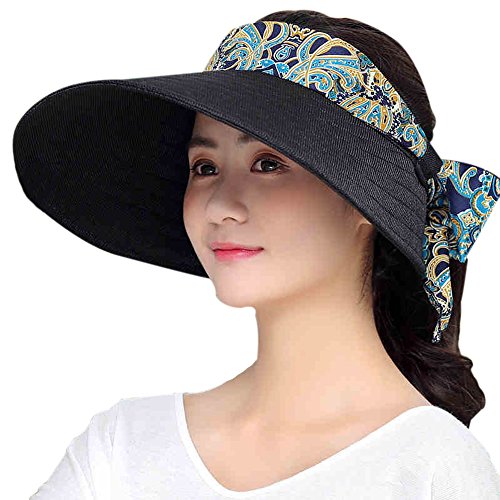 FakeFace Breite Krempe Strohhut Damen Sonnenhut Visor Sommer Strand-Kappe Bowknot Schirmmütze Tennis Cap Faltbar Sommerhut Sonnenschild Schirmkappe Damenhut Baseball Kappe Anti-UV-Hut von FakeFace