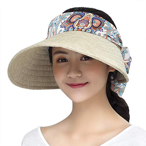 FakeFace Breite Krempe Strohhut Damen Sonnenhut Visor Sommer Strand-Kappe Bowknot Schirmmütze Tennis Cap Faltbar Sommerhut Sonnenschild Schirmkappe Damenhut Baseball Kappe Anti-UV-Hut von FakeFace