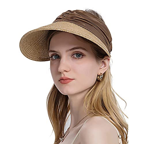 FakeFace Breite Krempe Strohhut Damen Sonnenhut Visor Sommer Strand-Kappe Schirmmütze Tennis Cap Faltbar Sommerhut Sonnenschild Schirmkappe Damenhut Baseball Kappe Anti-UV-Hut (Khaki) von FakeFace