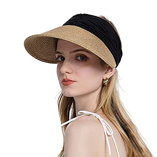 FakeFace Breite Krempe Strohhut Damen Sonnenhut Visor Sommer Strand-Kappe Schirmmütze Tennis Cap Faltbar Sommerhut Sonnenschild Schirmkappe Damenhut Baseball Kappe Anti-UV-Hut (Schwarz) von FakeFace