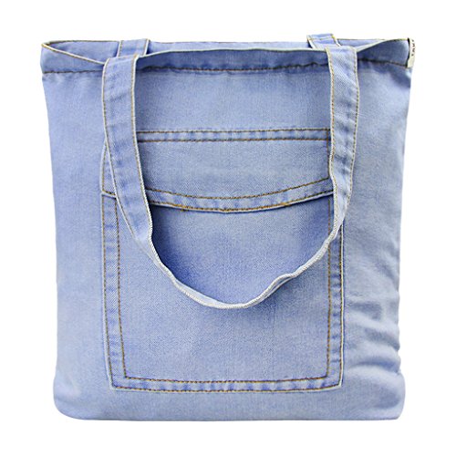 FakeFace Damen Jeans Canvas Leinwand Umhängetasche Messenger Bag Handtasche Schultertasche Tasche Löcher Muster Hellblau & Dunkelblau von FakeFace