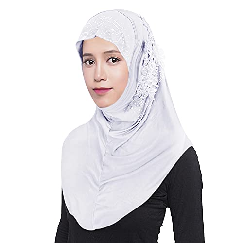 FakeFace Weiß Damen Kopftuch Muslimischer Hijab Mädchen Moslem Schal mit Blumen Arabien Islamische Kopfkappe Kleidung Schal Sommer Stretch Turban Gesichtsschleier Kopfbedeckung-Weiß von FakeFace