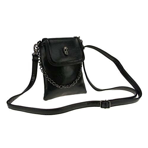 FakeFace Damen Mädchen Nieten Totenkopf Gothic Crossbody Umhängetasche Reise Leder Handtasche Handy Geldbörse, Schwarz, 13 * 16cm von FakeFace