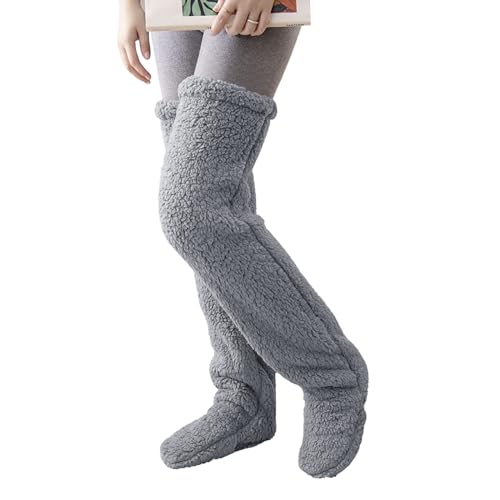Damen Plüsch Kniestrümpfe Pantoffel Overknee Socken Schlafsocken Winter Warm Fleece Overknee Strümpfe Lange Beinwärmer Socken Slipper Haussocken Bodensocken Kuschelsocken für Herbst Winter von FakeFace