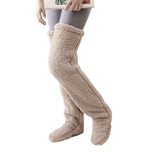 Damen Plüsch Kniestrümpfe Pantoffel Overknee Socken Schlafsocken Winter Warm Fleece Overknee Strümpfe Lange Beinwärmer Socken Slipper Haussocken Bodensocken Kuschelsocken für Herbst Winter von FakeFace