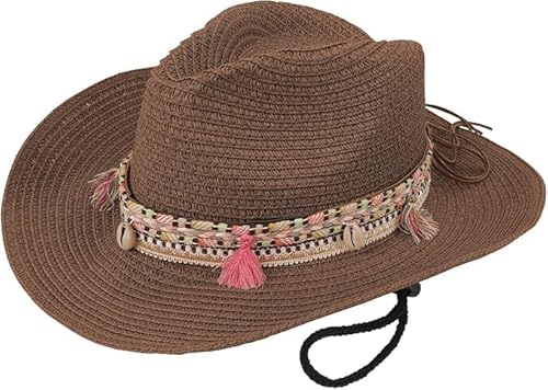 Damen Sonnenhut Bohemia mit Breiter Krempe Strohhut Kappe Sommerhut Sommerhut UV-Schutz Strandhut mit Gürtel Retro-Panama-Schlapphut Cowboy Hut Westernhut für Frauen von FakeFace