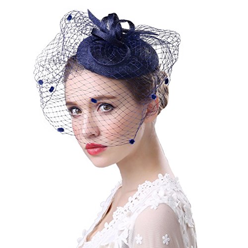 FakeFace Fascinator Hüte 20er 50er Jahre Hut Haar Clip Accessoire Haarreif Kopfbedeckung mit Schleier Cocktail Tea Party Hochzeit Kirche Haarschmuck Kopfschmuck, M, Dunkelblau von FakeFace