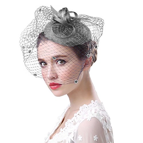 FakeFace Fascinator Hüte 20er 50er Jahre Hut Haar Clip Accessoire Haarreif Kopfbedeckung mit Schleier Cocktail Tea Party Hochzeit Kirche Haarschmuck Kopfschmuck, M, Grau von FakeFace