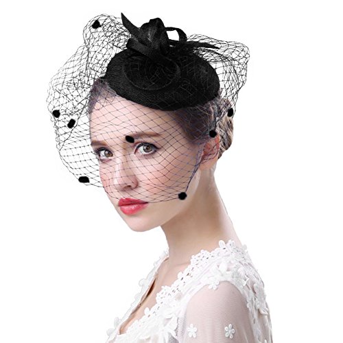 FakeFace Fascinator Hüte 20er 50er Jahre Hut Haar Clip Accessoire Haarreif Kopfbedeckung mit Schleier Cocktail Tea Party Hochzeit Kirche Haarschmuck Kopfschmuck, M, Schwarz von FakeFace