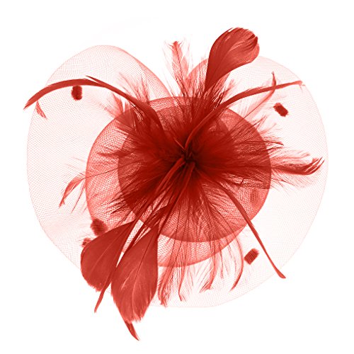 FakeFace Fascinator Hüte mit Feder Blumen Haar Clip Haarreif Haar Accessoire Netz-Mütze Schleier Tea Party Hochzeit Kirche Haarschmuck Kopfschmuck Kopfbedeckung für Frauen,rot von FakeFace