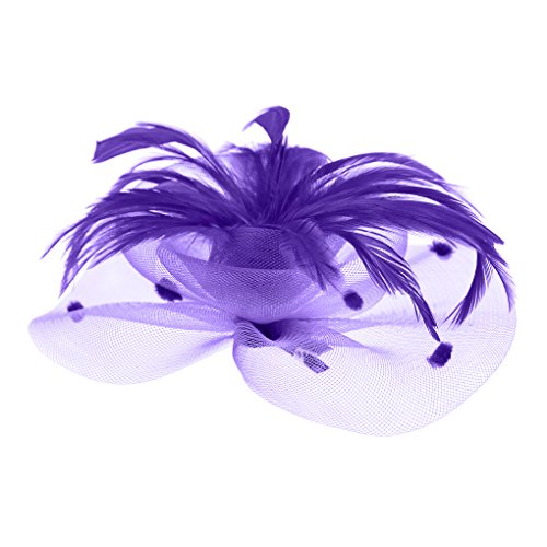 FakeFace Fascinator Hüte mit Feder Blumen Haar Clip Haarreif Haar Accessoire Netz-Mütze Schleier Tea Party Hochzeit Kirche Haarschmuck Kopfschmuck Kopfbedeckung für Frauen,violett von FakeFace