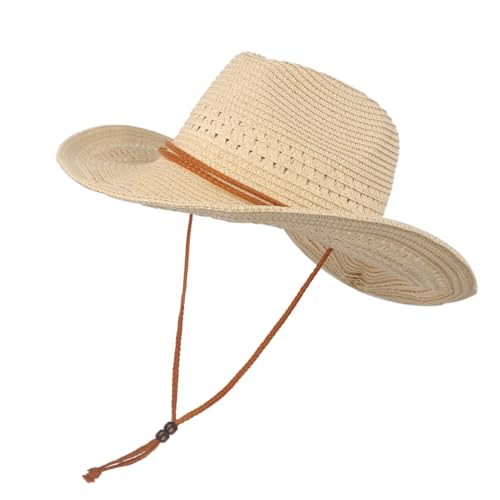 FakeFace Herren Damen Cowboyhut Westernhut Panamahut Sonnenhut Strandhut Modehut Sonnenschutz Cowgirl Cowboy Hut Hüte Western Lederband für Erwachsene (Beige-1) von FakeFace