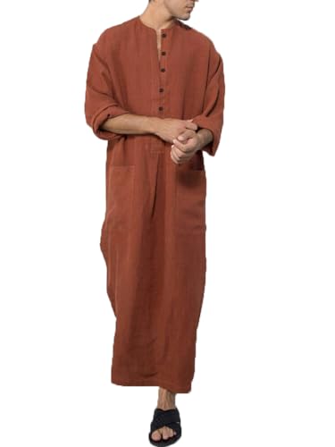 FakeFace Herren Kaftan Langarm Thobe Naher Osten Arabische Herren Knopf Hoch Roben Muslimische Kaftan Kleidung Seite Split Arabisch Muslim Kleidung (L, Braun) von FakeFace