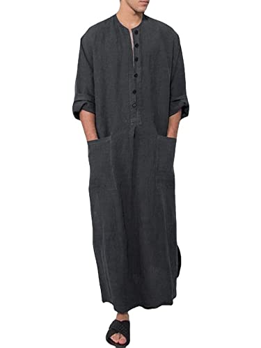 FakeFace Herren Kaftan Langarm Thobe Naher Osten Arabische Herren Knopf Hoch Roben Muslimische Kaftan Kleidung Seite Split Arabisch Muslim Kleidung (L,Grau) von FakeFace