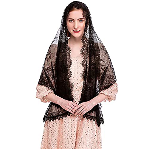 Hochzeit Brautschleier, Spitzenschleier Kopfbedeckung Schal, Katholische Mantilla Kirche Schleier Muslimisches Kopftuch, für Braut Kirche Halloween Cosplay Party, 150cm (Schwarz-150cm lang) von FakeFace