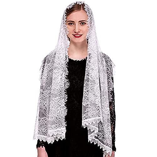 FakeFace Hochzeit Brautschleier, Spitzenschleier Kopfbedeckung Schal, Katholische Mantilla Kirche Schleier Muslimisches Kopftuch, für Braut Kirche Halloween Cosplay Party, 150cm (Weiß-150cm lang) von FakeFace