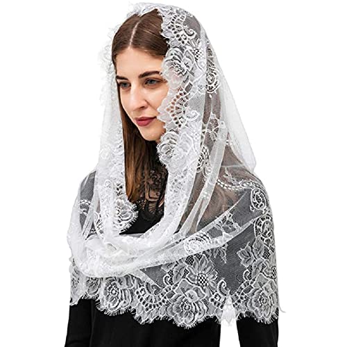 Hochzeit Brautschleier, Spitzenschleier Kopfbedeckung Schal, Katholische Mantilla Kirche Schleier Muslimisches Kopftuch, für Braut Kirche Halloween Cosplay Party, 150cm (Weiß-60cm lang) von FakeFace