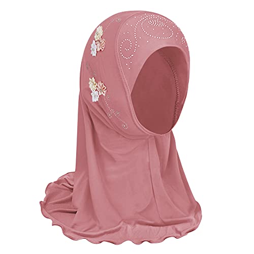 FakeFace Mädchen Kopftuch Kinder Muslimischer Hijab Kleines Mädchen Moslem Schal mit Blumen Arabien Islamische Kopfkappe Kleidung Schal Sommer Stretch Turban Gesichtsschleier Kopfbedeckung (Pink) von FakeFace