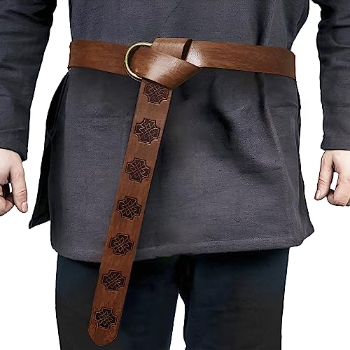 FakeFace Mittelalter Wikinger Rittergürtel für Herren Damen Renaissance Gürtel Nordischer Renaissancegürtel Geprägtes PU Leder O-Ring Retro Gürtel Halloween Cosplay Kostüm,Hellbraun von FakeFace