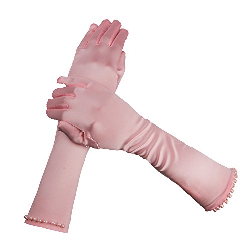 FakeFace Perlenverzierte Lange Brauthandschuhe für Blumenmädchen, Satin Ellenbogen Fingerhandschuhe, Mädchen Hochzeitkleid Handschuhe für Hochzeit, Party,Oper,Tanz, Kinder Braut Handschuhe PINK von FakeFace