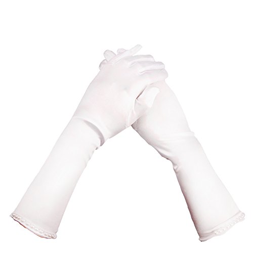 FakeFace Perlenverzierte Lange Brauthandschuhe für Blumenmädchen, Satin Ellenbogen Fingerhandschuhe, Mädchen Hochzeitkleid Handschuhe für Hochzeit, Party,Oper,Tanz, Kinder Braut Handschuhe WEIß von FakeFace