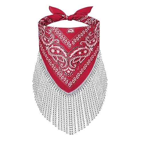 FakeFace Strass Bandana mit Fransen, Damen Glitzernde Disco-Cowgirl- Halstuch Kopftuch Quadrat Schal Kopf Wrap Paisley Bandana Strassmaske Partyzubehör von FakeFace