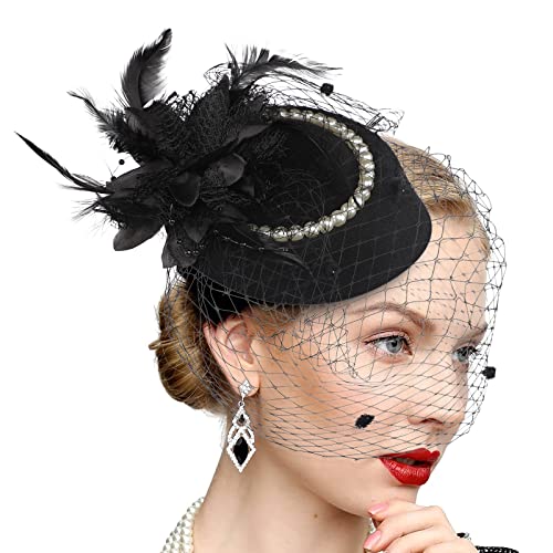 Fascinator Hüte 20er 50er Jahre Hut Haar Clip Accessoire Haarreif Kopfbedeckung mit Schleier Cocktail Tea Party Hochzeit Kirche Haarschmuck Kopfschmuck für Mädchen und Frauen von FakeFace