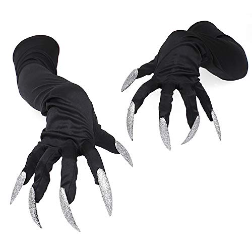 Halloween Lange Fingernägel Handschuh Requisiten Klaue Handschuh Party Kostüm Lange Nägel Wolf Handschuh Geisterpfote Handschuh Hexe Teufel Pfote Handschuh für Kostüm Halloween Party Cosplay (Silber) von FakeFace