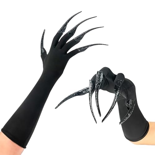 Halloween Lange Fingernägel Handschuhe Netzhandschuhe Party Kostüm Lange Nägel Wolf Geisterpfote Hexe Teufel Pfote Klaue Spitzenhandschuhe für Halloween Party Cosplay (Schwarz) von FakeFace