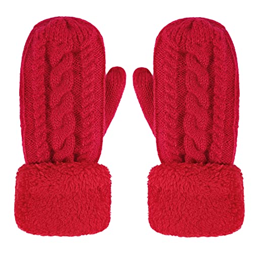 Handschuhe Damen Winter Warme Dicke Gestrickt Damen Fausthandschuhe Winterhandschuhe Outdoor Doppelschicht Fäustlinge Handschuhe mit Plüschfutter für Frauen Mädchen Mutter Tochter Liebhaber ROT von FakeFace
