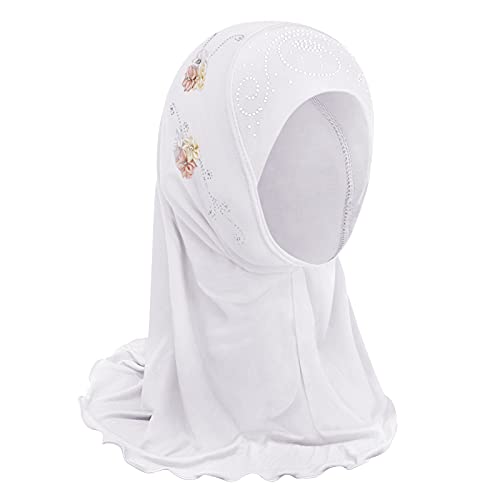 Mädchen Kopftuch Kinder Muslimischer Hijab Kleines Mädchen Moslem Schal mit Blumen Arabien Islamische Kopfkappe Kleidung Schal Sommer Stretch Turban Gesichtsschleier Kopfbedeckung (Blümchen-Weiß) von FakeFace