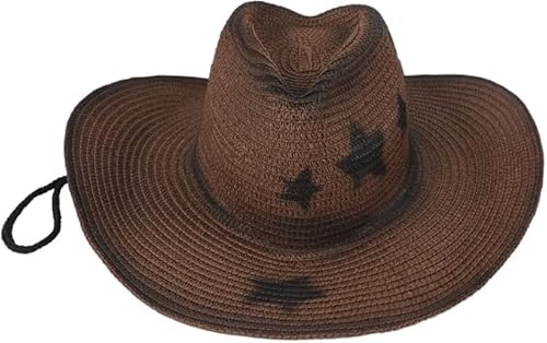 Retro Strohhut Sonnenhut Damen Stern Cowboyhut mit Breiter Krempe UV-Schutz Strandhut Western Panama Floppy Beach Sun Hat Cowgirl-Hut Sommerhut für Kostüm Karneval Partys Reisen von FakeFace