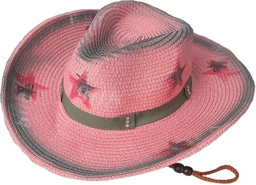 Retro Strohhut Sonnenhut Damen Stern Cowboyhut mit Breiter Krempe UV-Schutz Strandhut Western Panama Floppy Beach Sun Hat Cowgirl-Hut Sommerhut für Kostüm Karneval Partys Reisen von FakeFace