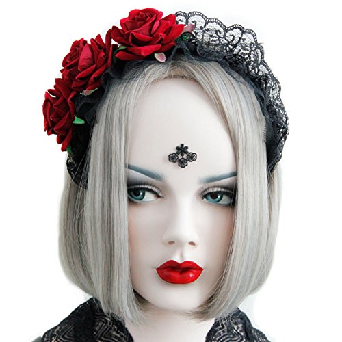 Rose Haarband Blumenkrone Stirnband Kopfschmuck für Mädchen Damen Floral Headwear Festival Gothic Schwarze Spitze Haarreif für Halloween Kostümzubehör, Cosplay, Festival Vintage Fancy Deko (2) von FakeFace