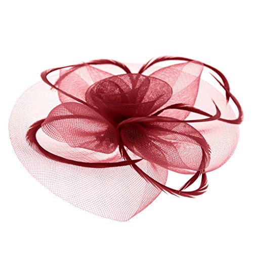 Tüll Fascinator Hüte mit Feder,Blumen Haar Clip Haarreif Haar Accessoire Schleier Tea Party Hochzeit Kirche Haarschmuck Kopfschmuck Kopfbedeckung für Frauen,Weinrot von FakeFace