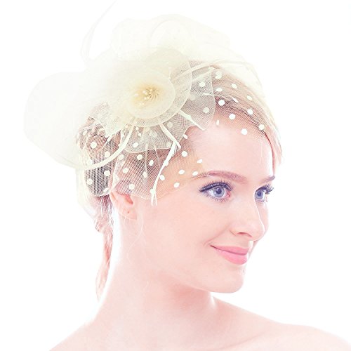 Tüll Fascinator Hüte mit Feder Blumen Haar Clip Haarreif Haar Accessoire Schleier Tea Party Hochzeit Kirche,Beiger Haarschmuck Kopfschmuck Kopfbedeckung für Frauen von FakeFace