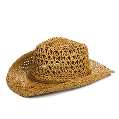 Unisex Cowboyhut Westernhut Panama Hut Breiter Krempe Strohhut Eimer Hut Sommer Strand Hut UV-Schutz Sonnenhut Cowboy Cowgirl Hut mit Kinnriemen für den Urlaub von FakeFace