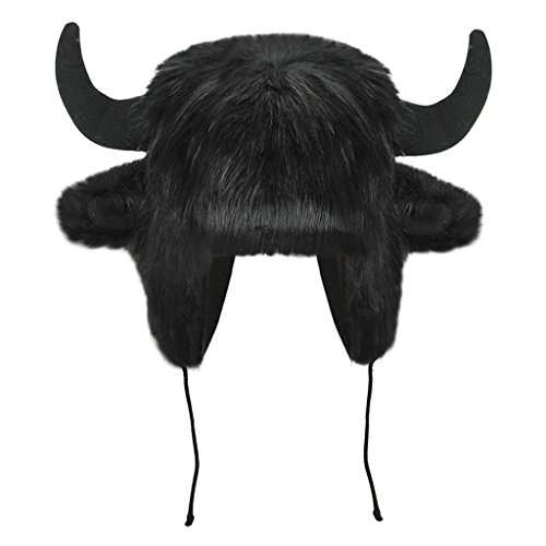 Warme Plüsch Tiermütze Büffelhut mit Hörnern für Frauen und Männer, Kunstfell-Flauschige Trappermütze mit Ohrklappen, Winter Fellmütze Skihut Kuhhornhut Halloween Kostüm Schwarz von FakeFace